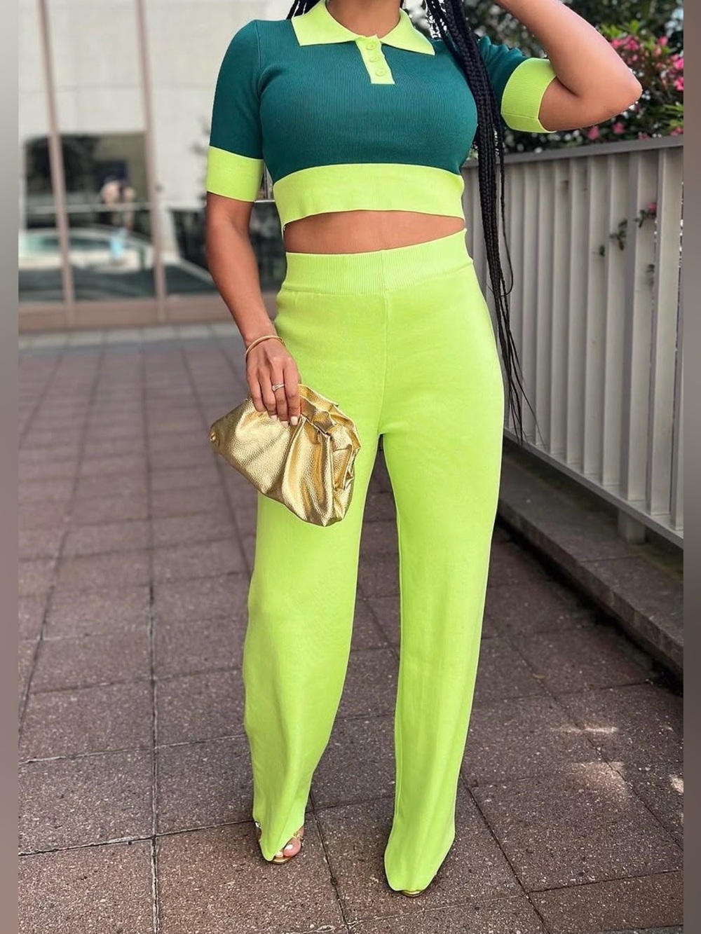 RIVIR Women’s Green 2-Piece Sweater Set w/ Cropped Polo and Pants, Size Medium